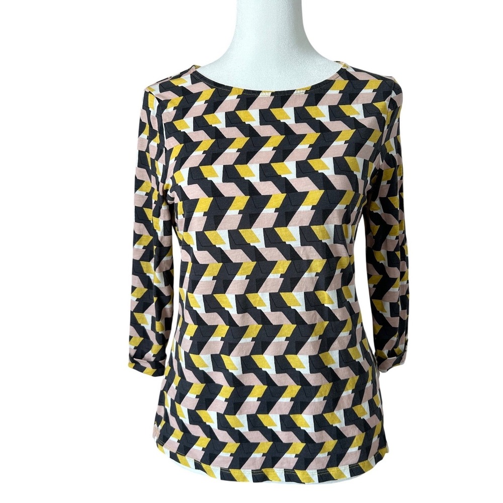Boden Geometric 3/4 Sleeve Top Pink, Yellow, Dark Gray Zig Zag Size 4